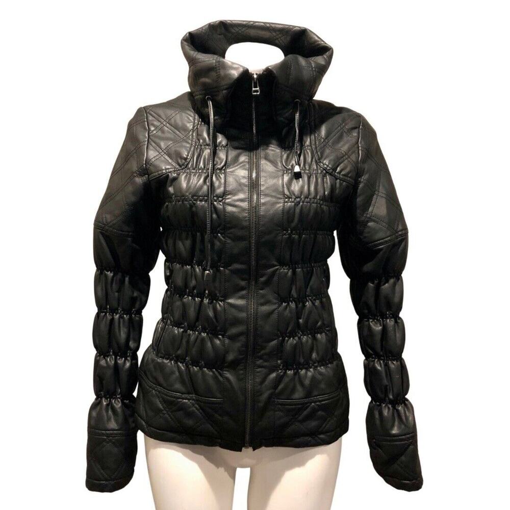 Katherine Barclay Faux Leather Coat Small Black Puffer Stretch Funnel Neck